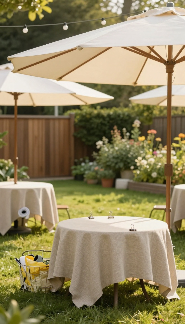 Backyard engagement party setup with neutral patio umbrellas, a weighted table, clipped tablecloth, and hidden weather-ready supplies like ponchos and a tarp