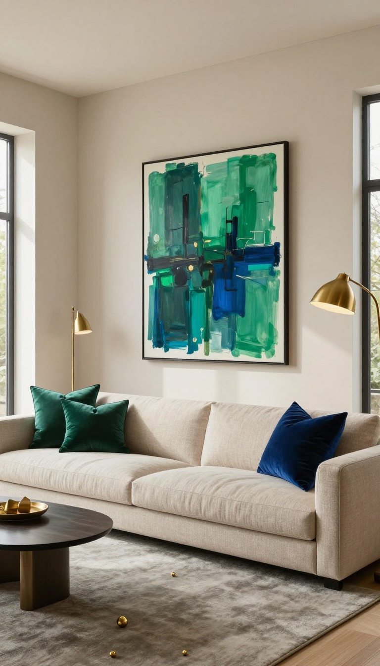Modern luxury living room with a neutral beige sofa and rug, bold emerald and sapphire artwork, jewel-tone velvet pillows, and a sculptural brass lamp in bright natural light.