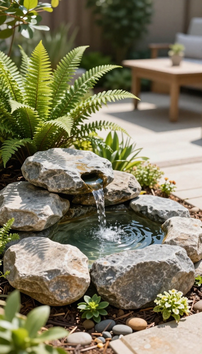 Small bubbling rock water feature in a sunny backyard patio corner surrounded by greenery