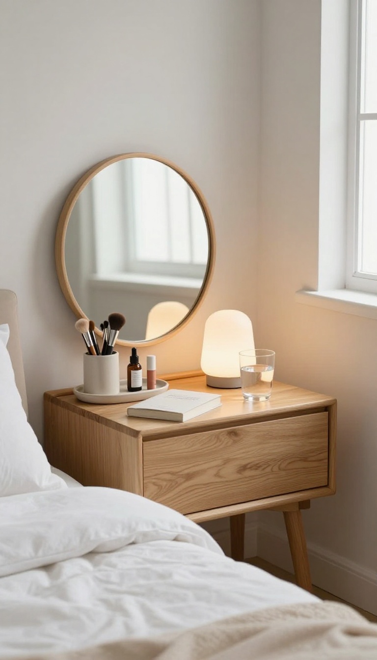 Small wooden nightstand styled as a bedside vanity with a leaning mirror, tray of makeup, and warm lamp in a bright bedroom