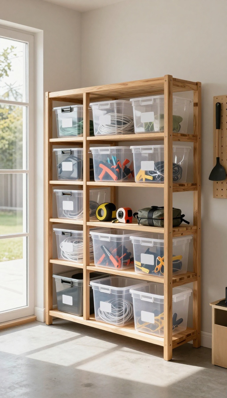 Clear stackable storage bins filled with tools and cords on wooden shelves inside a bright organized backyard shed