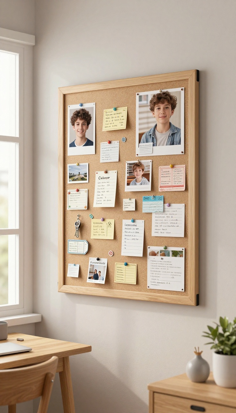 Magnetic board mounted above a desk in a small teen boy's bedroom, holding photos, notes, and keys with magnets