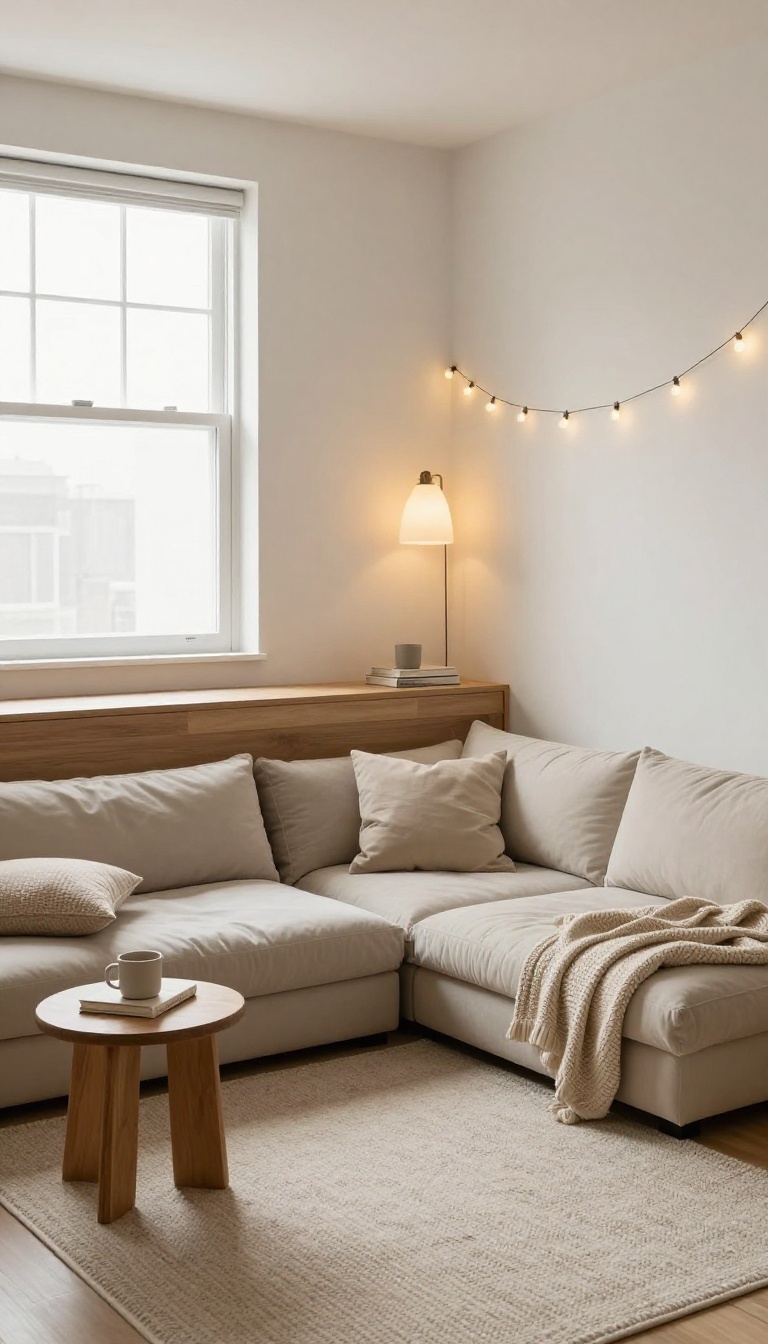 Cozy mini lounge with a low futon, rug, and tiny side table tucked beneath a loft bed in a small bright bedroom