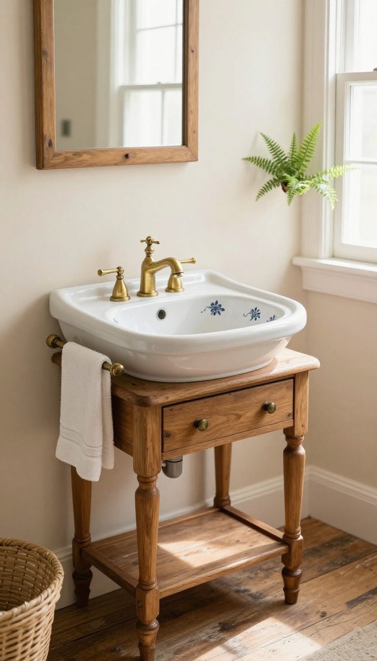 Antique wooden washstand with a white ceramic basin sink and vintage brass faucet in a bright rustic bathroom