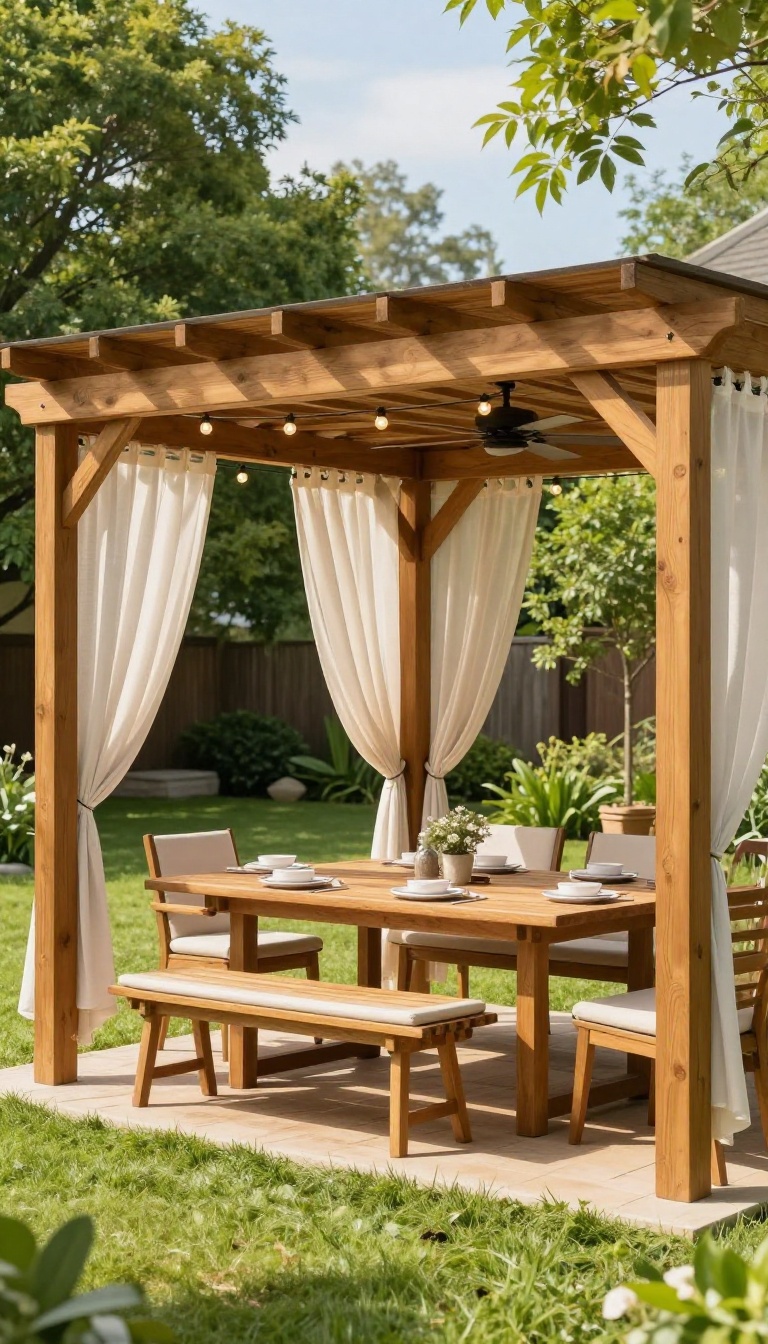 Covered backyard dining pavilion with a wooden table, chairs, ceiling fan, and string lights under a slatted roof