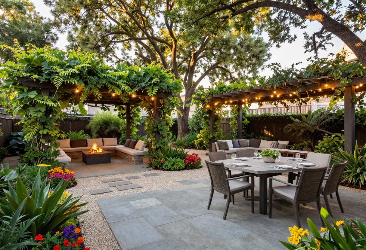 Large backyard with distinct zones, a winding path, and warm lighting at sunset.