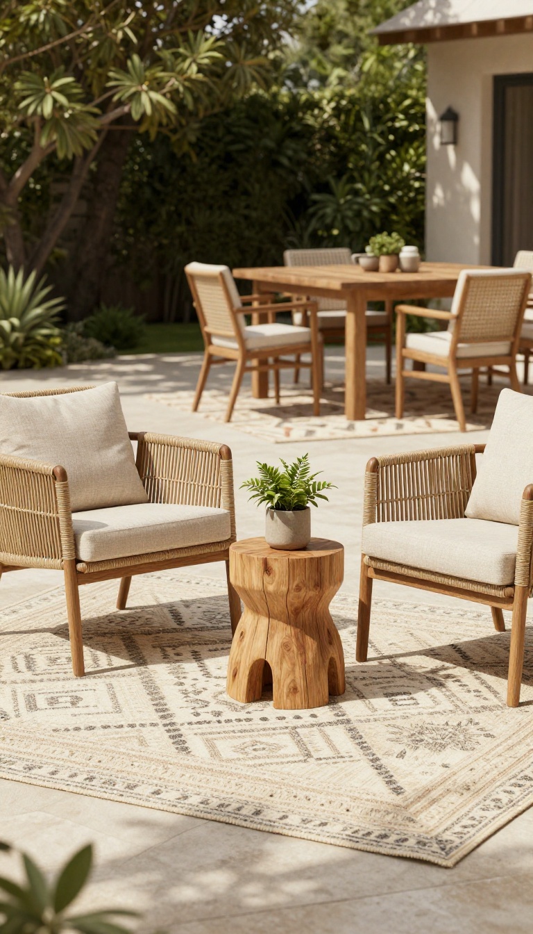 Outdoor patio with distinct seating and dining zones anchored by rugs