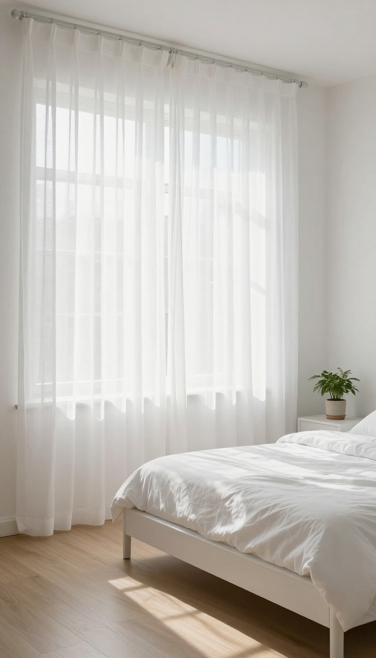 Small white bedroom with floor-length sheer white curtains hung high and wide, soft morning light glowing through the fabric