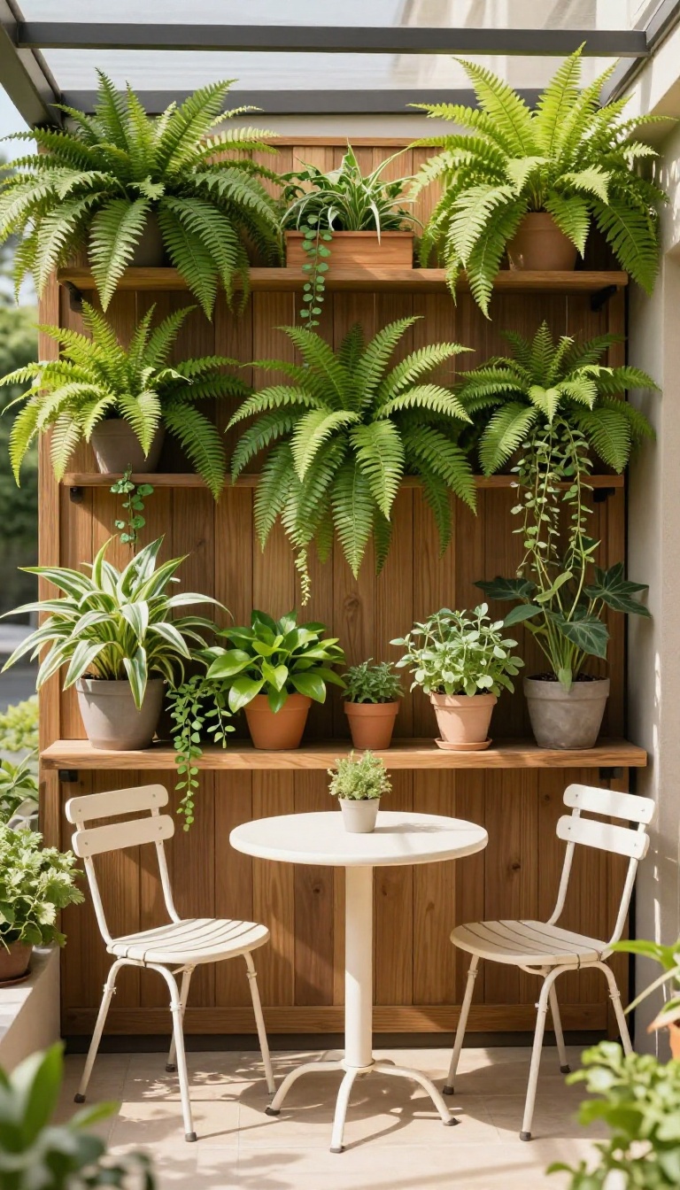 Small patio with a vertical living wall of plants and compact seating