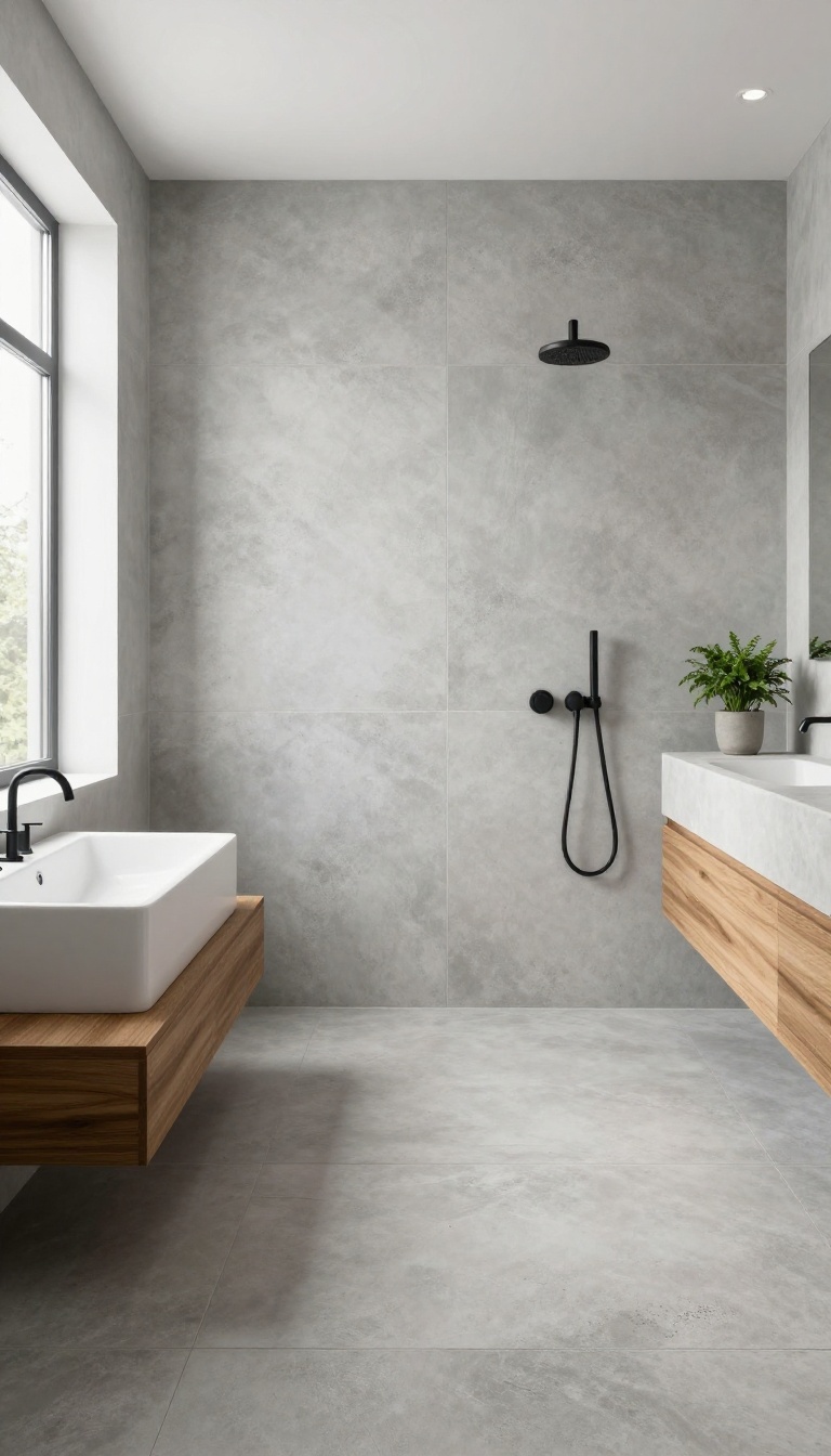 Modern bathroom with gray micro-cement concrete-look floor tiles, matte black fixtures, and a wood vanity in bright natural light