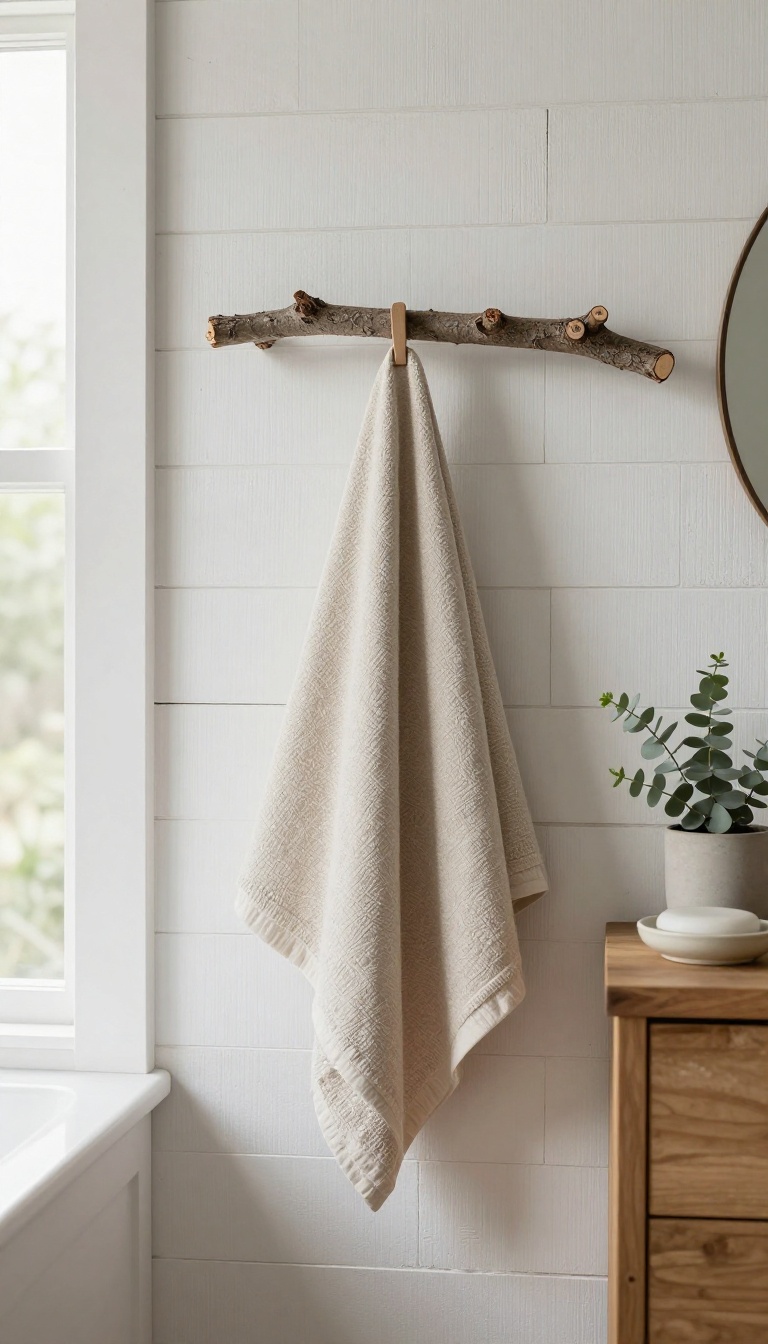 Rustic bathroom with a natural branch towel bar and wooden peg hooks holding towels on a white shiplap wall