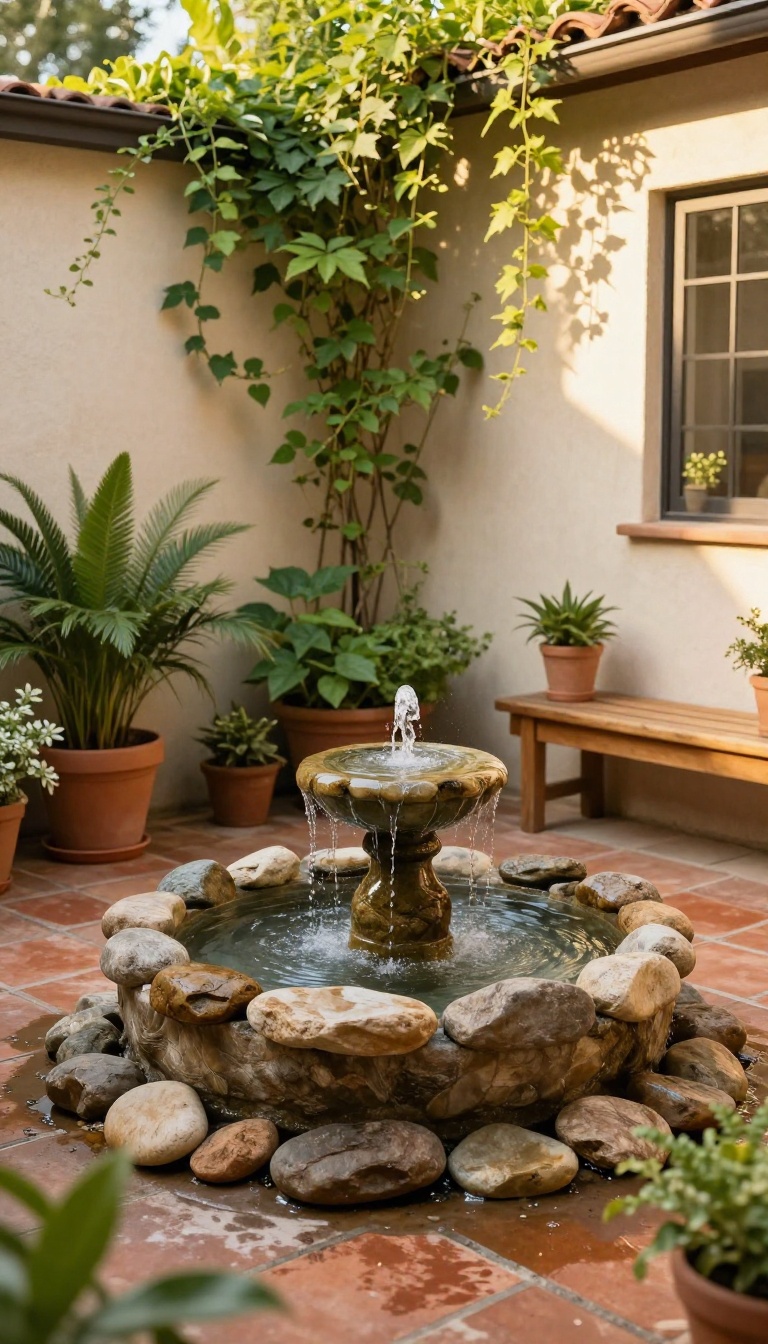 Small stone bubbling fountain in a cozy private courtyard surrounded by potted plants and warm natural light