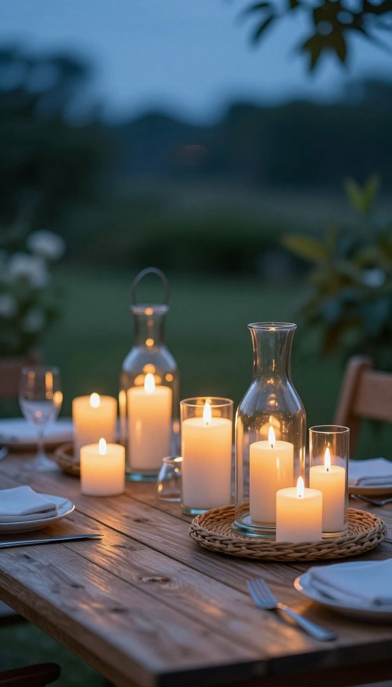 Hurricane lanterns and candles glowing on a backyard table at dusk, creating a warm and cozy outdoor dining atmosphere