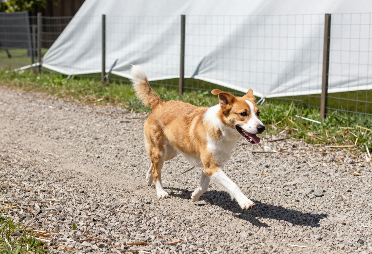 Happy dog running in a budget-friendly backyard dog run with gravel and wire fence.