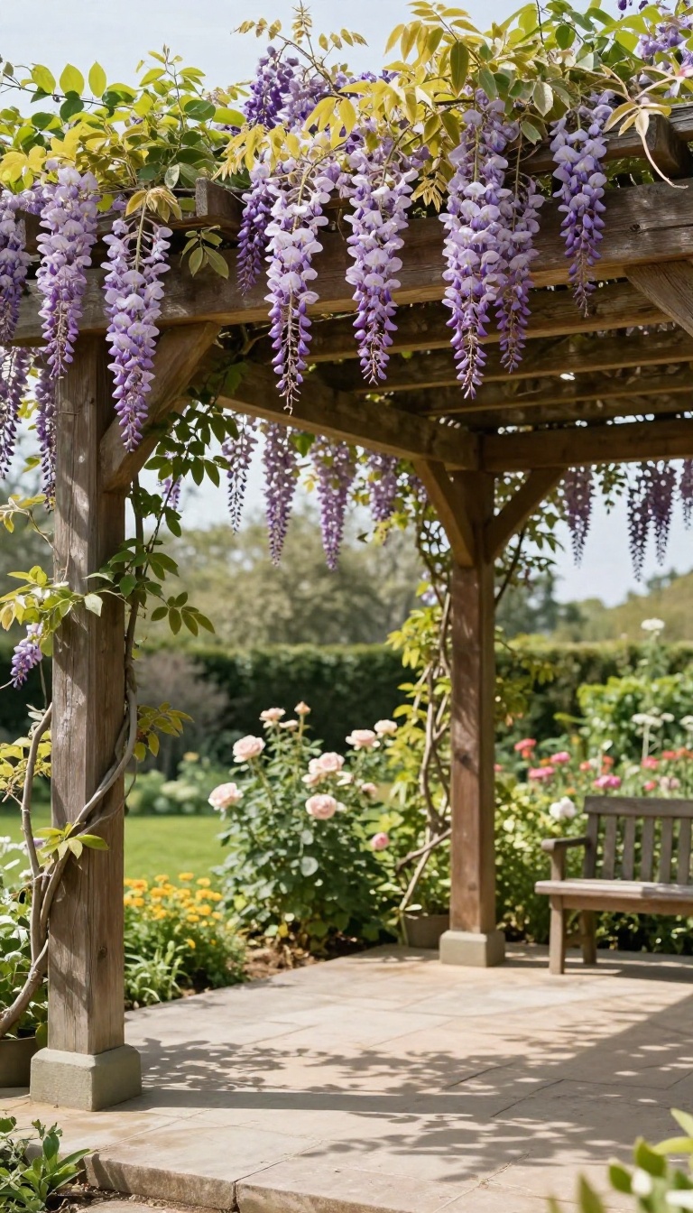 Wooden pergola-style gazebo covered in climbing wisteria vines casting dappled shade over a backyard patio