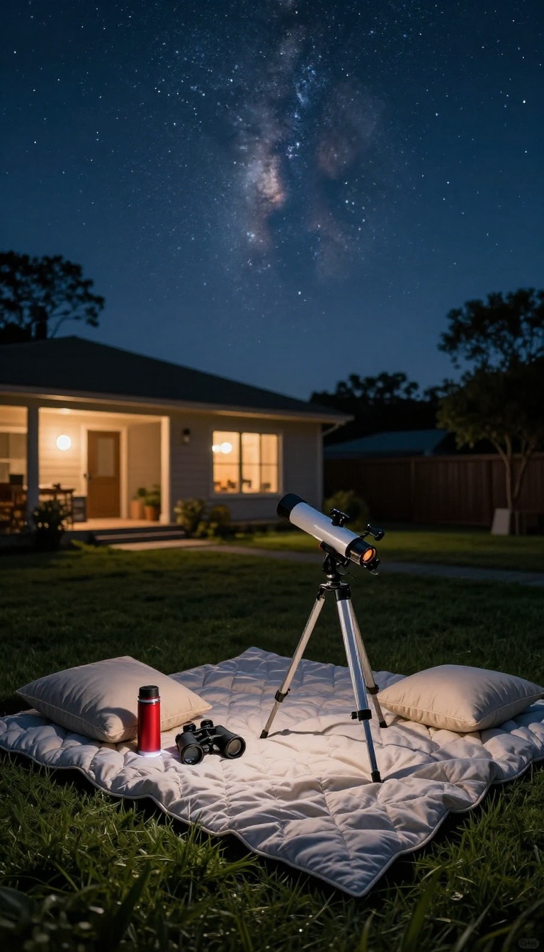 Cozy backyard stargazing station with a blanket, pillows, telescope, and binoculars under a starry night sky