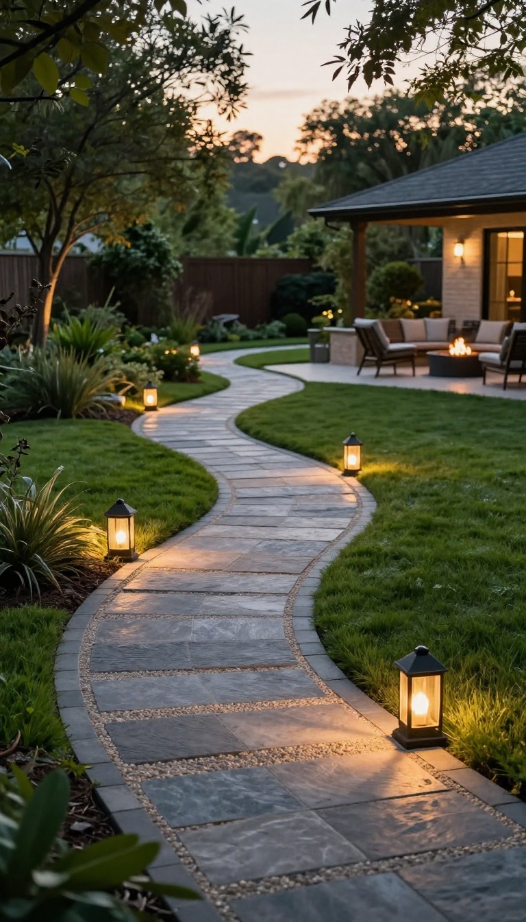 Curved flagstone pathway with warm path lighting winding through a landscaped backyard at dusk