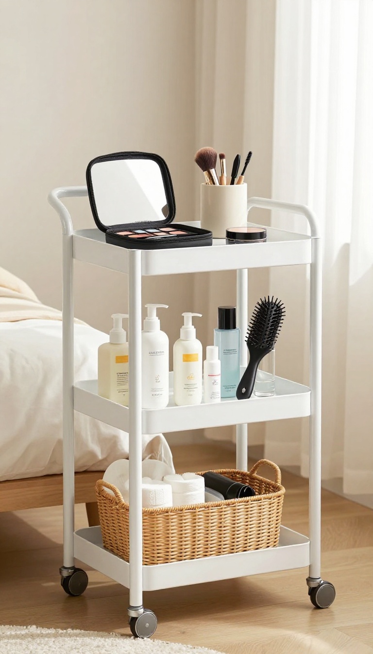 Three-tier white rolling cart styled as a small bedroom vanity with makeup on the top shelf, skincare and hair tools on the middle shelf, and backup products in a basket on the bottom shelf beside a sunlit bed