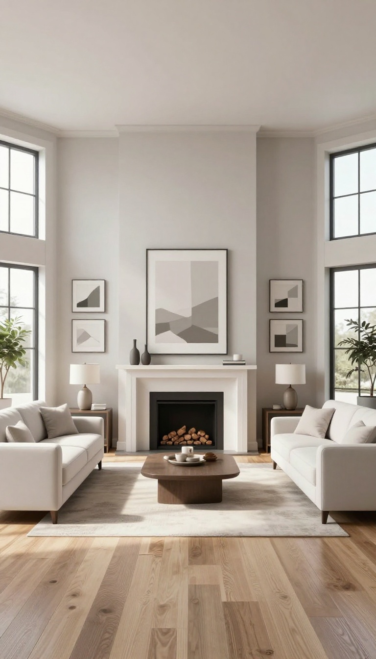 Symmetrical modern living room with fireplace, matching armchairs, and balanced decor