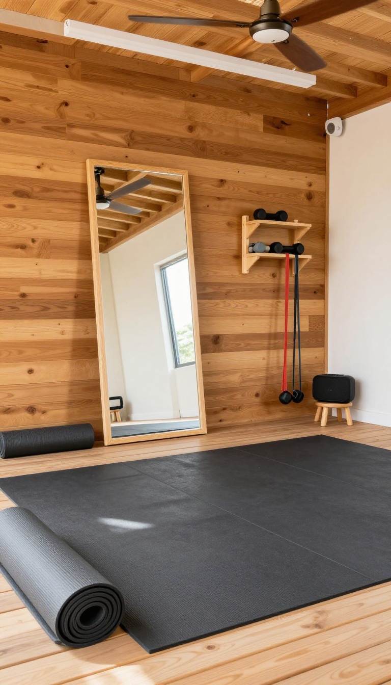 Under-deck fitness studio with rubber flooring, mirror, yoga mat, and equipment