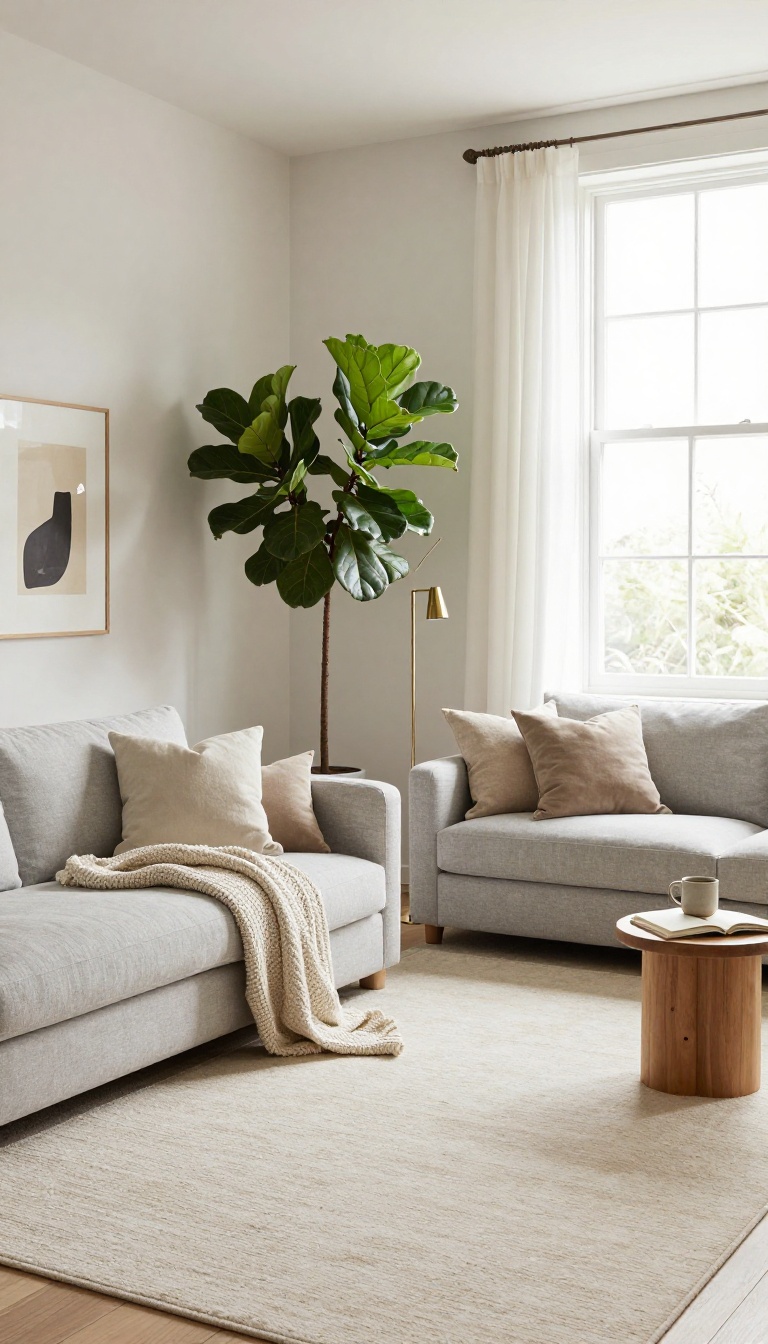 Bright living room with a light gray sofa angled diagonally into a corner, styled with a rug, floor lamp, and tall plant for a relaxed, conversational layout