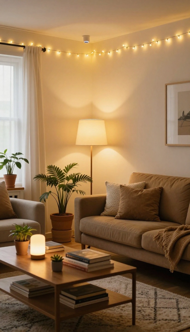 College living room with warm string lights and floor lamp creating a cozy atmosphere