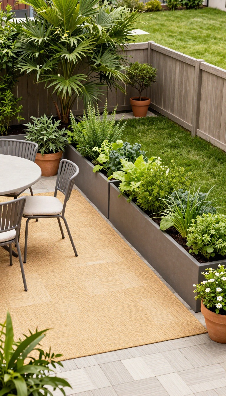 Small backyard with distinct zones for dining, lounging, and gardening separated by an outdoor rug, deck tiles, and tall planters