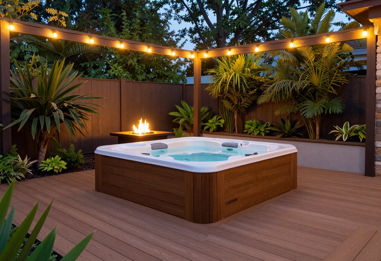 Modern backyard patio with a built-in hot tub, wood deck surround, and warm evening lighting.
