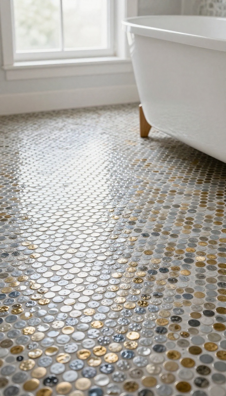 Metallic gold penny tile bathroom floor catching soft natural light with a subtle reflective shimmer