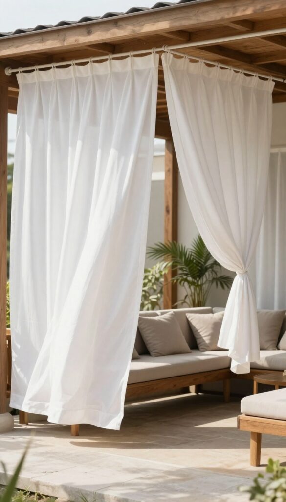 Covered patio with white outdoor curtains providing privacy and shade, tied back to reveal a cozy seating area.