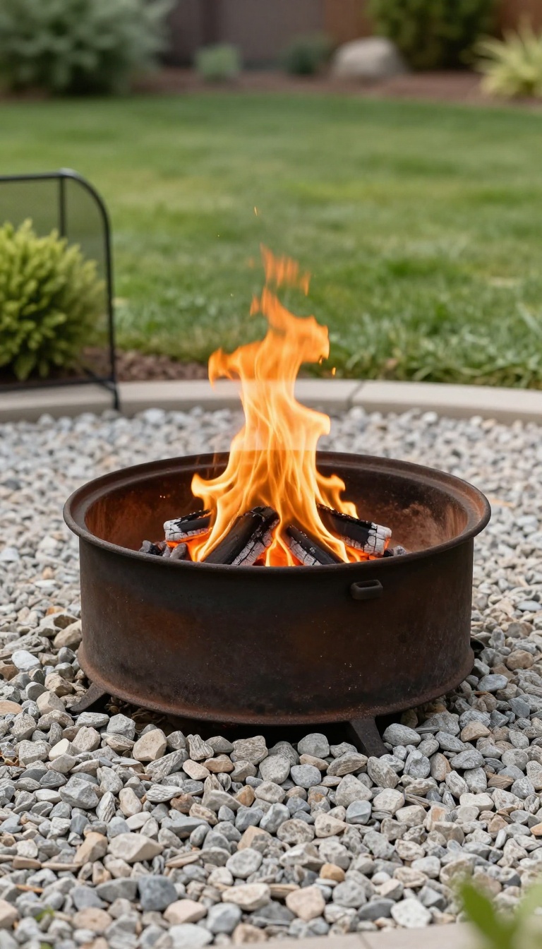 Cast-iron fire pit insert set into a circular gravel bed in a bright backyard