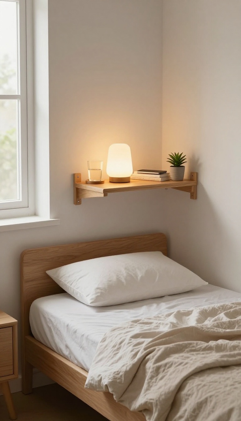 Floating wooden shelf mounted on a bedroom wall beside a bed holding a lamp, phone, book, water glass, and small plant, with clear floor space below in bright natural light.