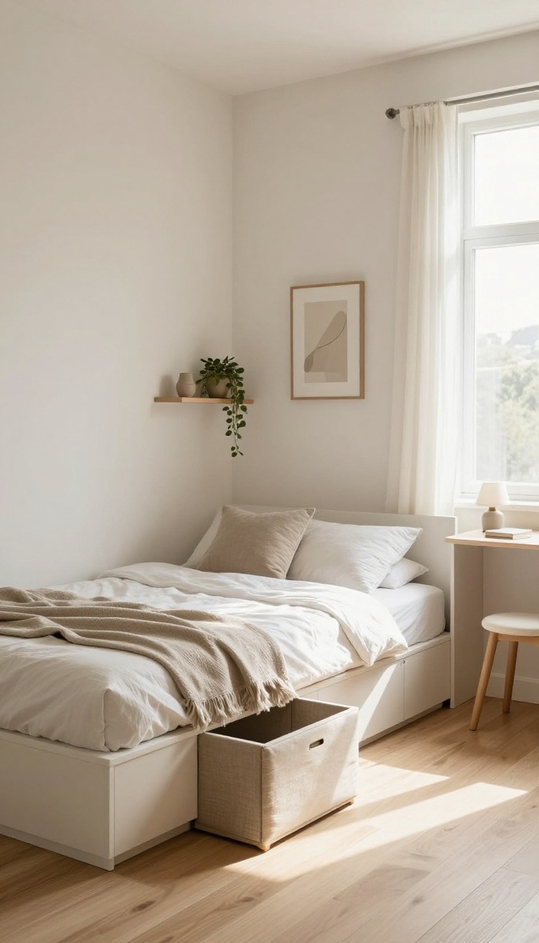 Bright small bedroom with a low platform bed with under-bed drawers, a storage ottoman nightstand, and a wall-mounted fold-down desk in natural light
