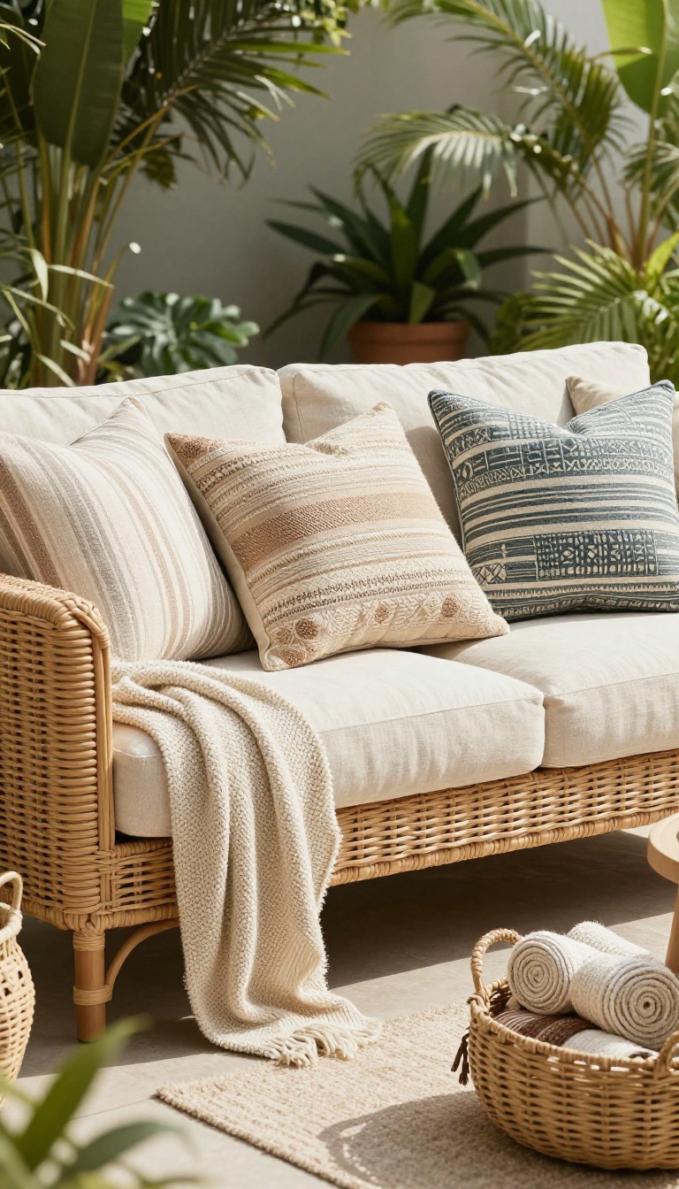 Outdoor patio sofa layered with mixed-texture throw pillows and a draped knit blanket in bright natural light