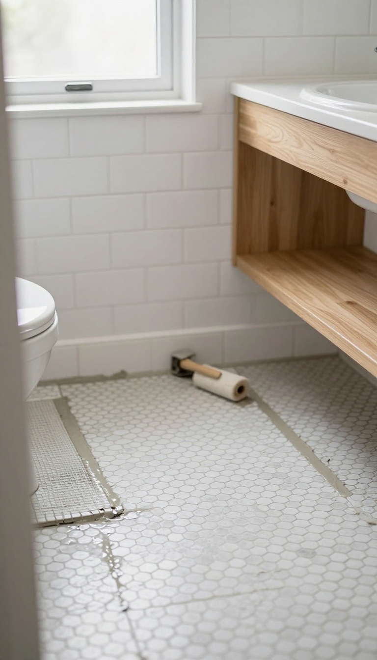 Small bathroom floor mid-installation with a sheet of tiny hexagon mosaic tiles pressed into thinset near a toilet flange, with a notched trowel and grout float nearby in bright natural light