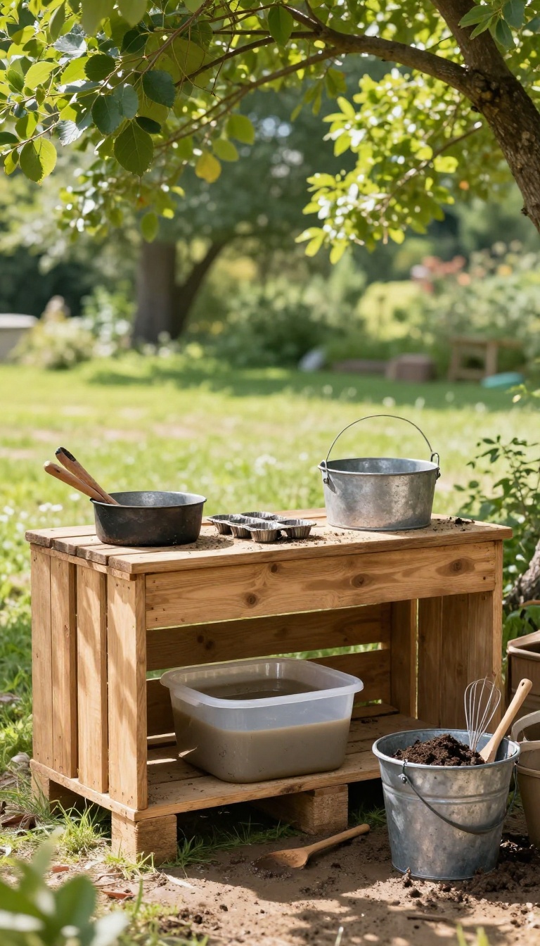 Rustic backyard mud kitchen made from crates with pots, spoons, and a tub of muddy water in bright natural light