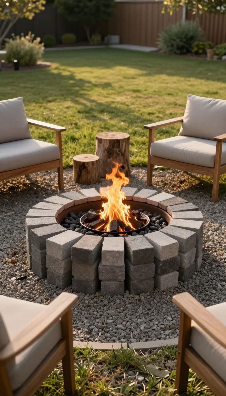 DIY fire pit made from stacked landscape blocks glowing in a backyard at golden hour with simple seating around it