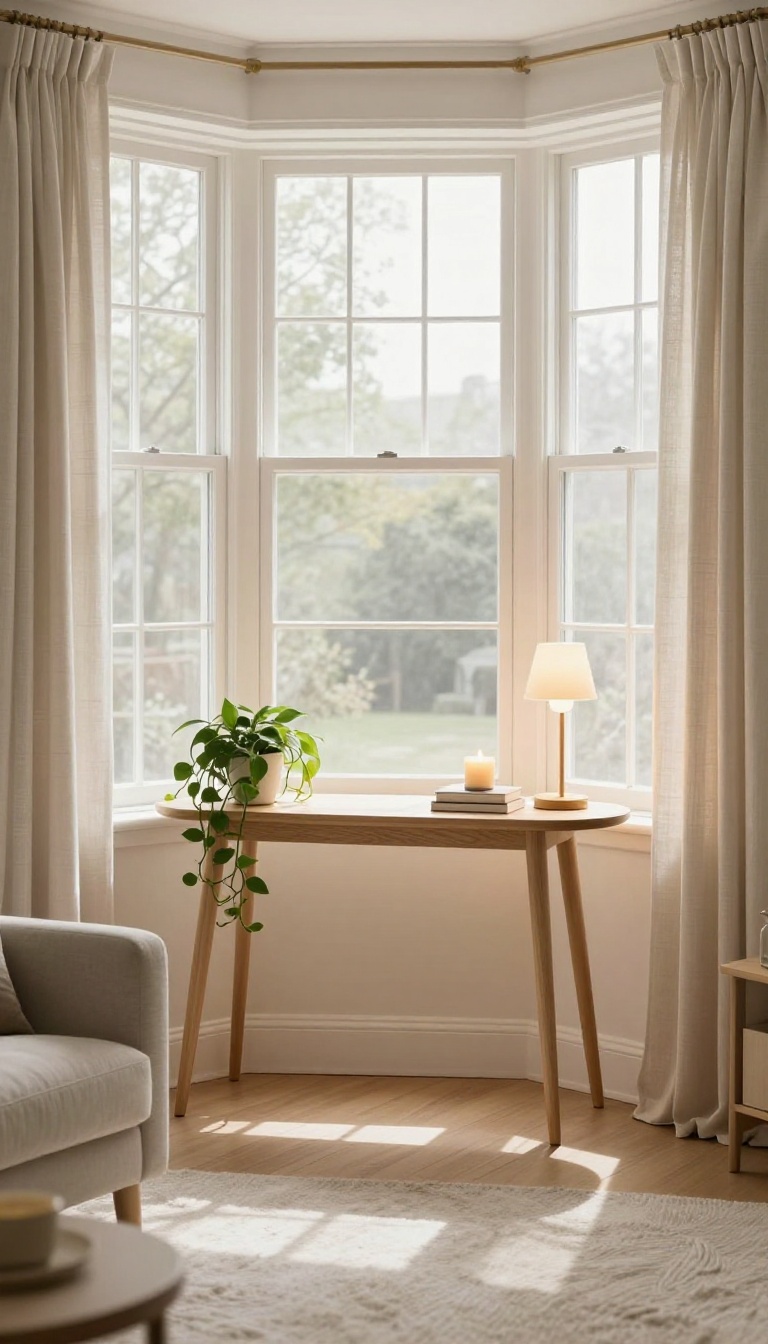 Bright living room bay window with a slim demilune console table styled with two small lamps, a trailing pothos plant, books, and a candle, leaving open floor space underneath