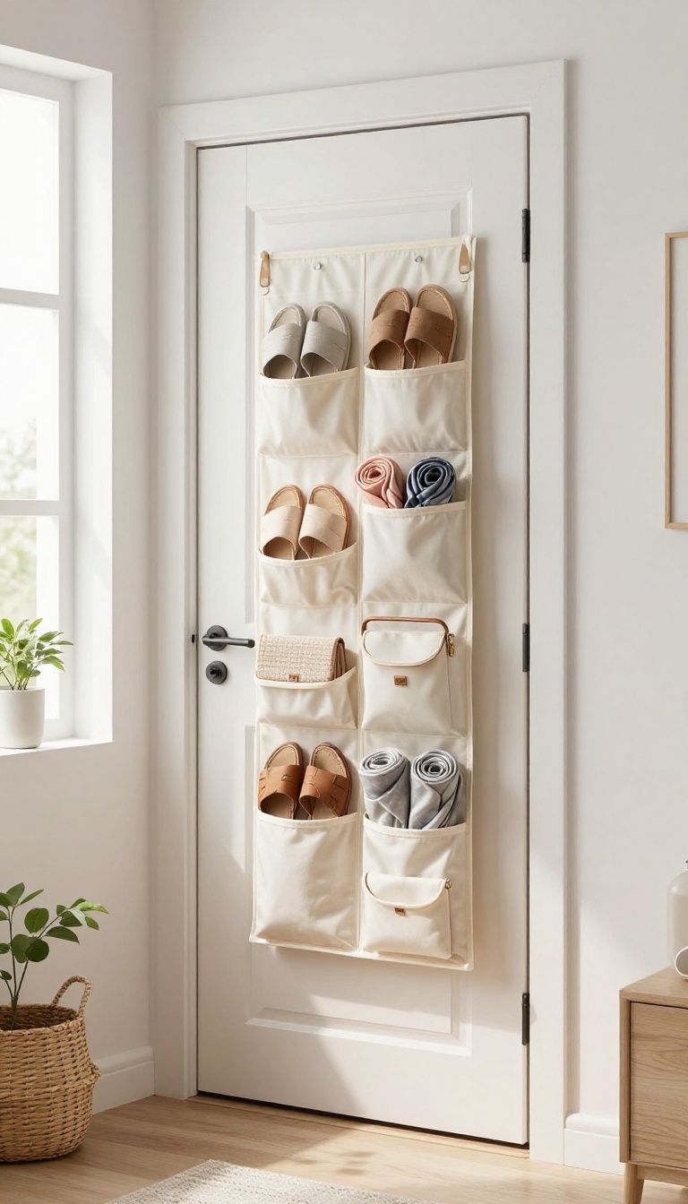 Over-the-door organizer hanging on a bedroom door holding shoes, scarves, and small purses in a bright small bedroom