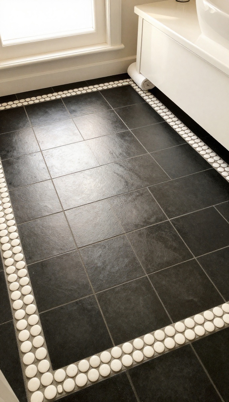 Bathroom floor with a white penny tile border surrounding large black square field tiles in bright natural light