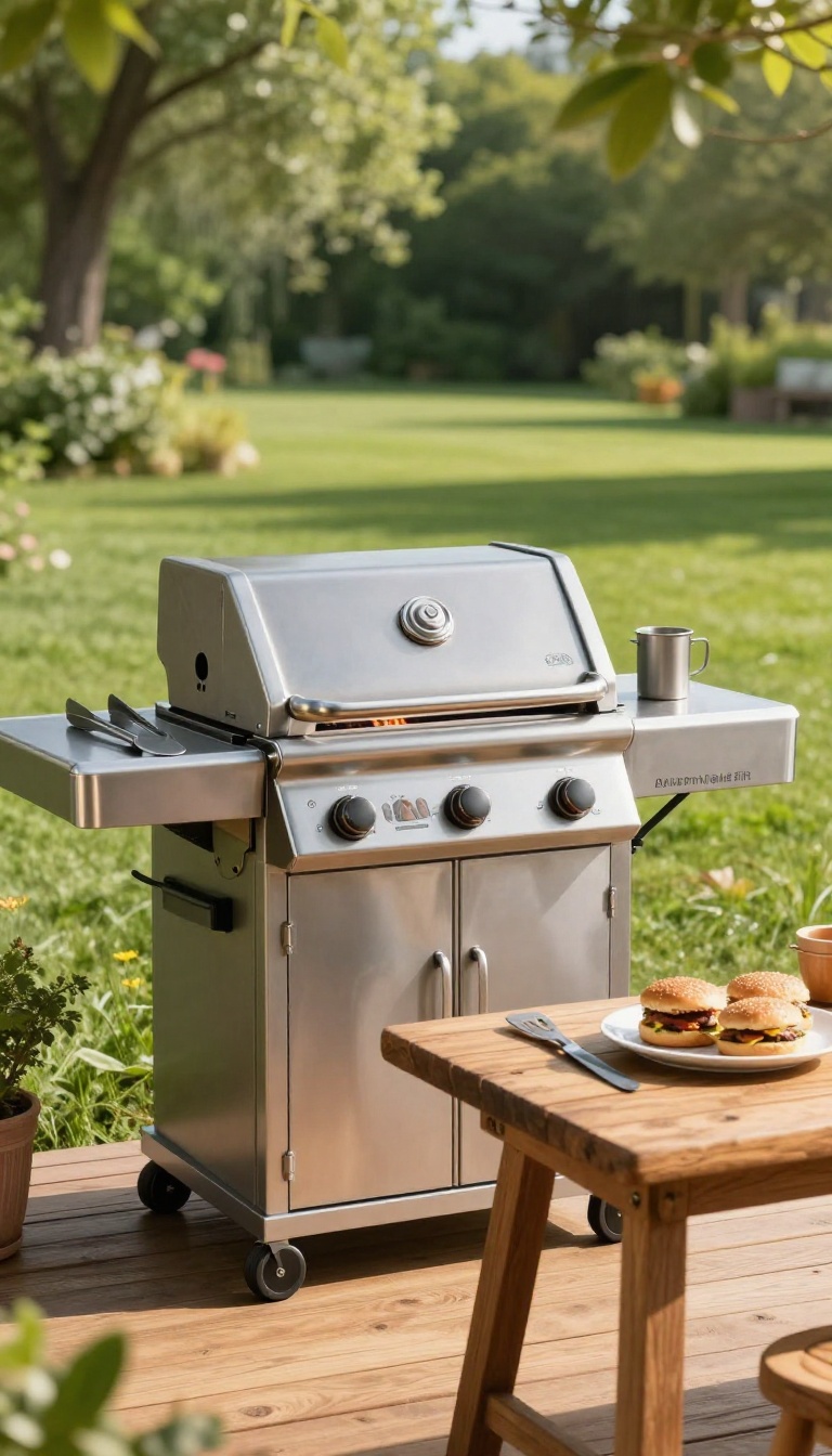Backyard two-zone grill station with a hot side and cool side, plus a small side table holding grilling tools and a plate of finished burgers