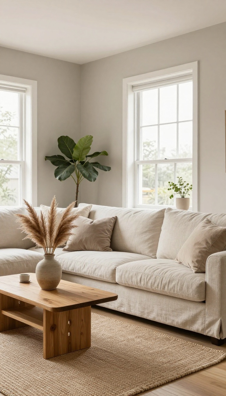 Living room with warm greige painted walls, a neutral linen sofa, light wood floors, and bright natural light creating a calm, stylish space