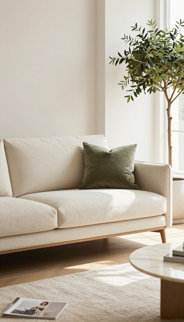 Bright luxury living room with a low-backed ivory bouclé statement sofa on slim wooden legs, styled with neutral cushions, a marble coffee table, and an olive tree in natural daylight