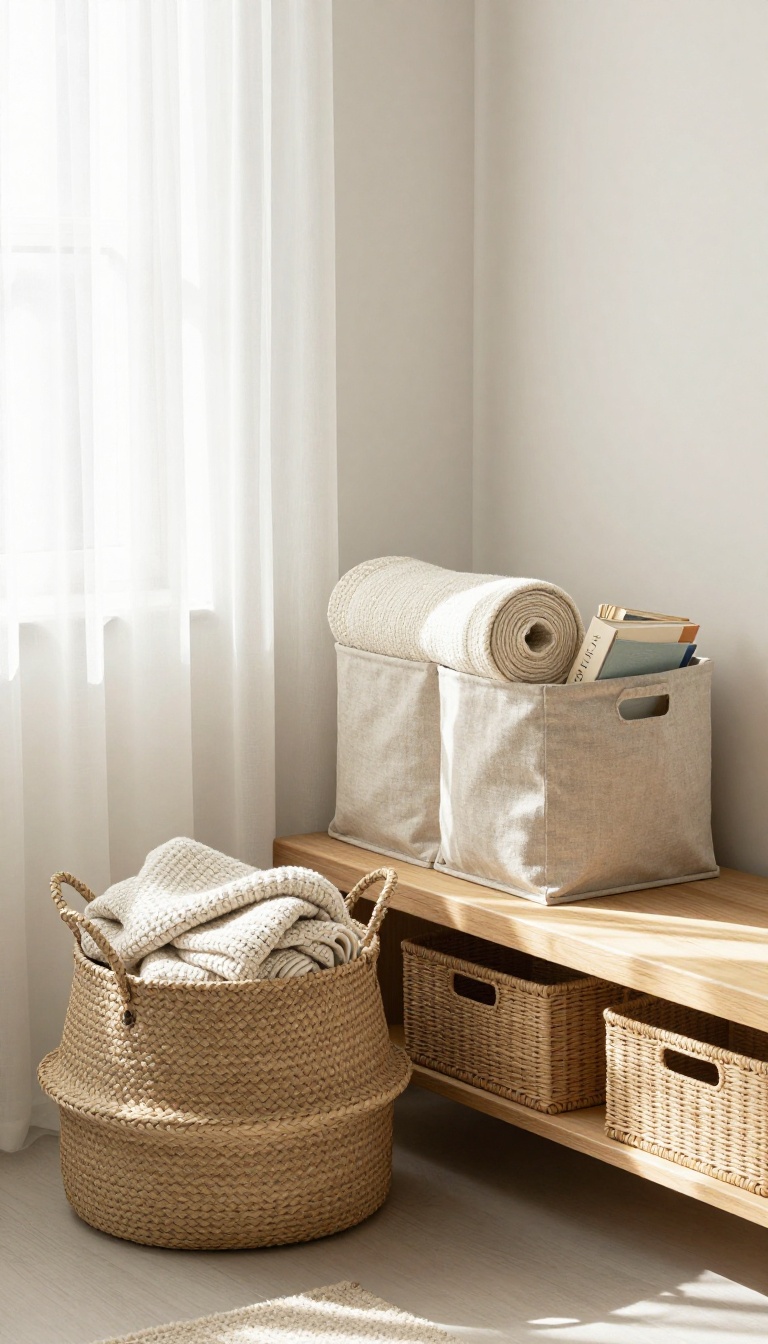 Cozy small bedroom corner with a woven seagrass basket holding blankets and fabric storage bins on a low shelf, styled for budget-friendly organization