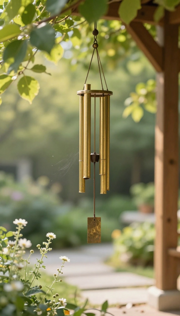Brass wind chime hanging from a wooden post in a sunlit backyard memorial garden with wildflowers and a stone path