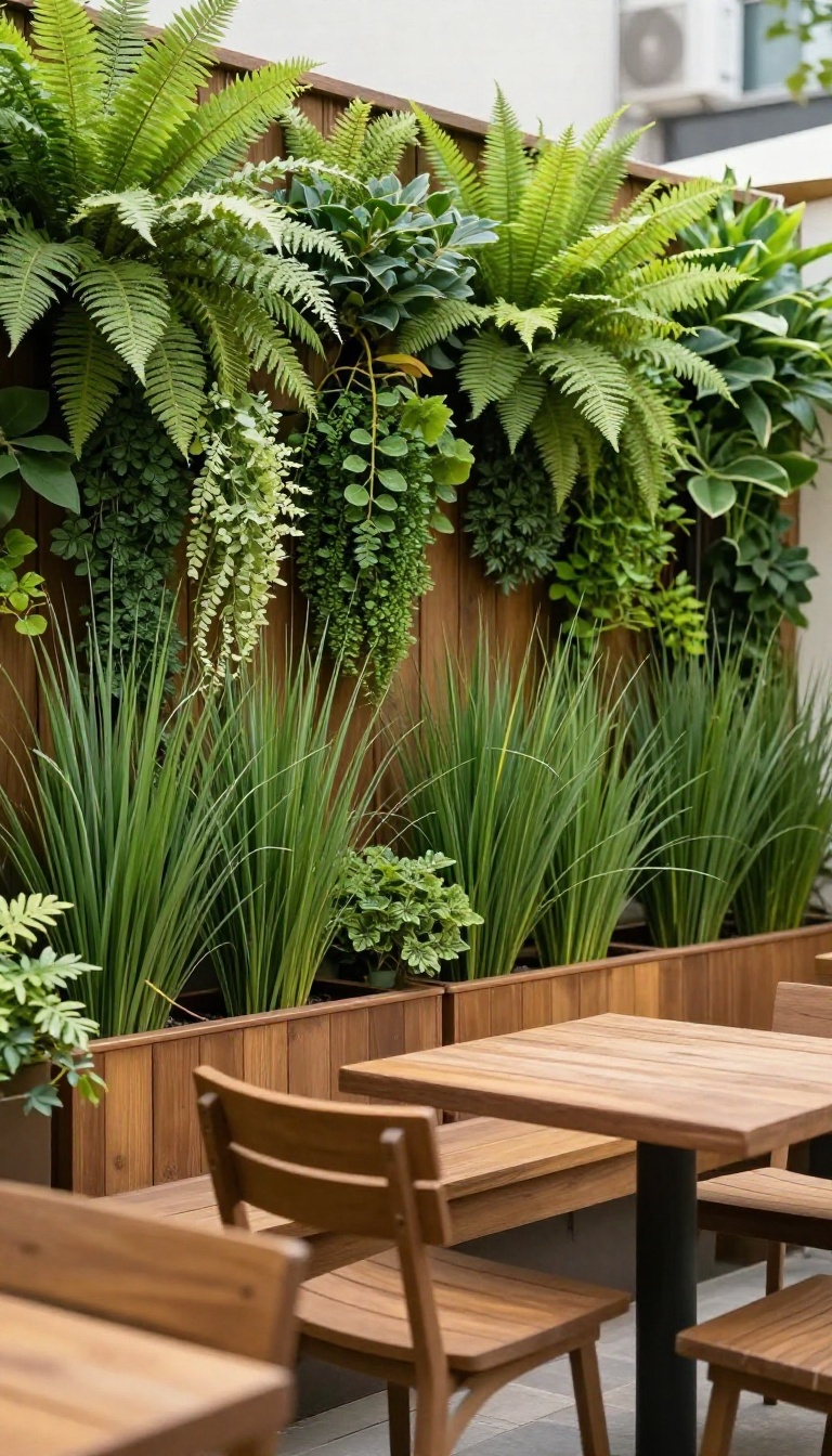 A backyard patio with a vertical garden wall and tall planters providing natural privacy.