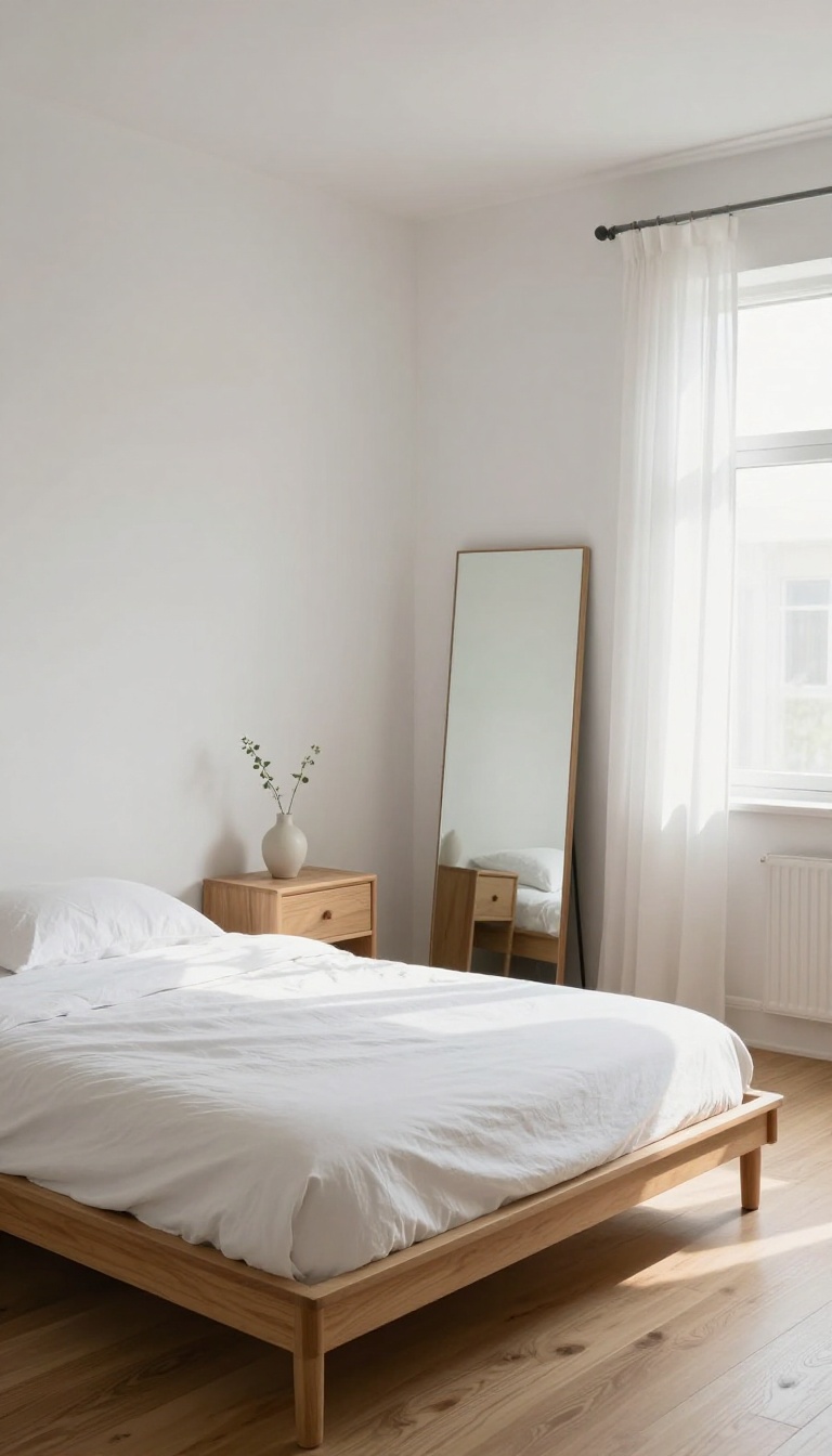 Minimalist small bedroom with a large frameless leaning mirror opposite a bright window reflecting natural light and making the space feel bigger