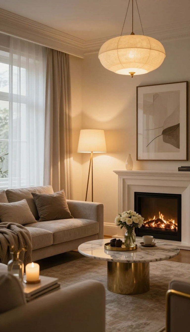 Luxury living room with layered lighting, a dimmable chandelier, floor lamp, and table lamp creating a warm cozy glow