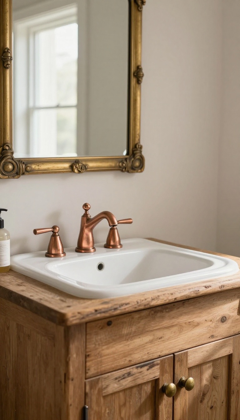 Rustic bathroom vanity with a copper faucet and brass cabinet knobs in warm natural light