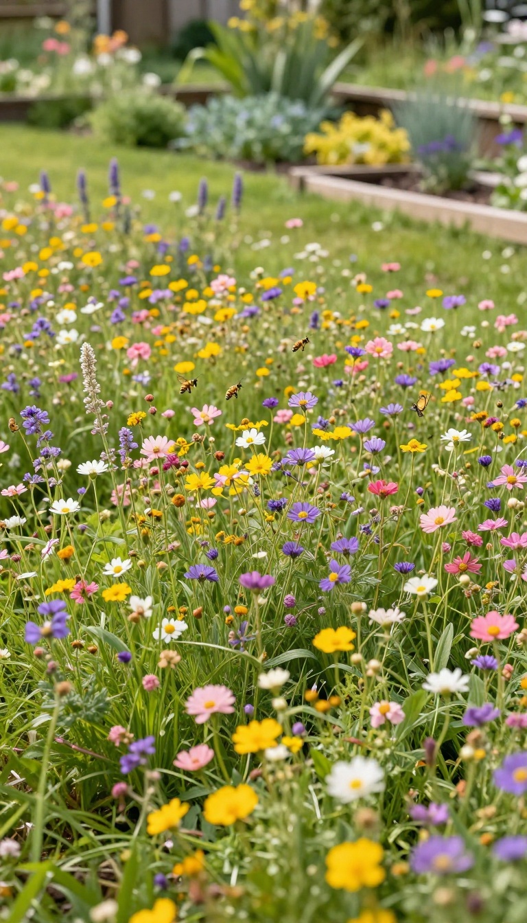 Small backyard wildflower meadow patch with bees and butterflies in bright natural light